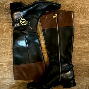 Michael Kors Gold Logo Fulton Harness Tall Riding Boots- Black/Brown- Size 11M